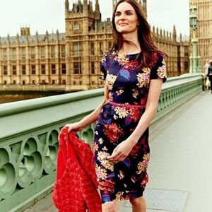 Boden Floral Sheath Silk Blend Roll Collar Dress Navy Size 8 Lined Office Career